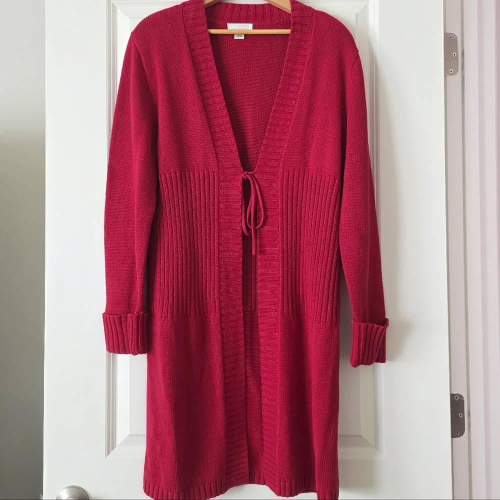 Vintage Christopher & Banks Long Cardigan Duster Sweater Womns M Red Preppy Chic